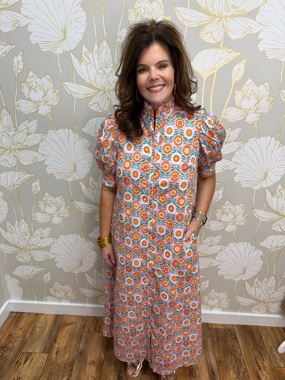 Floral Ruffle Neck Button Shirt Maxi Dress|KARLIE