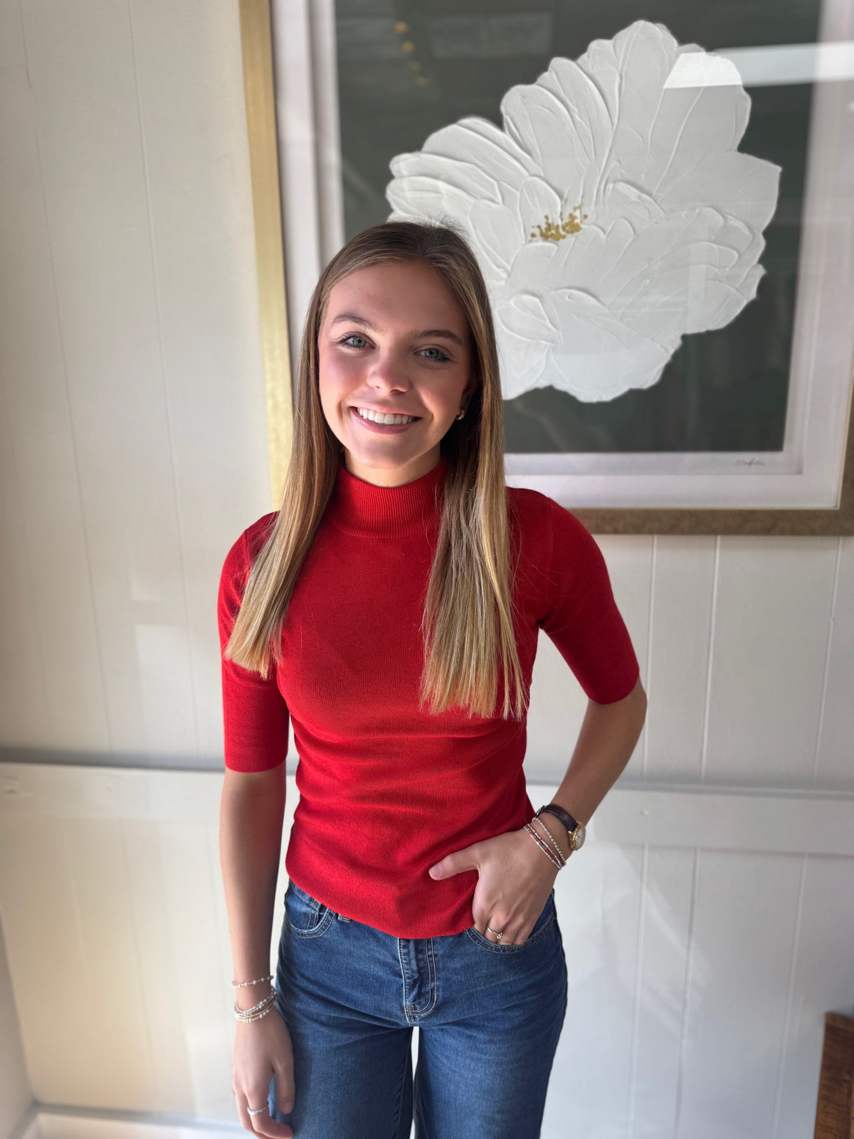 Half Sleeve Mock Neck Sweater Top