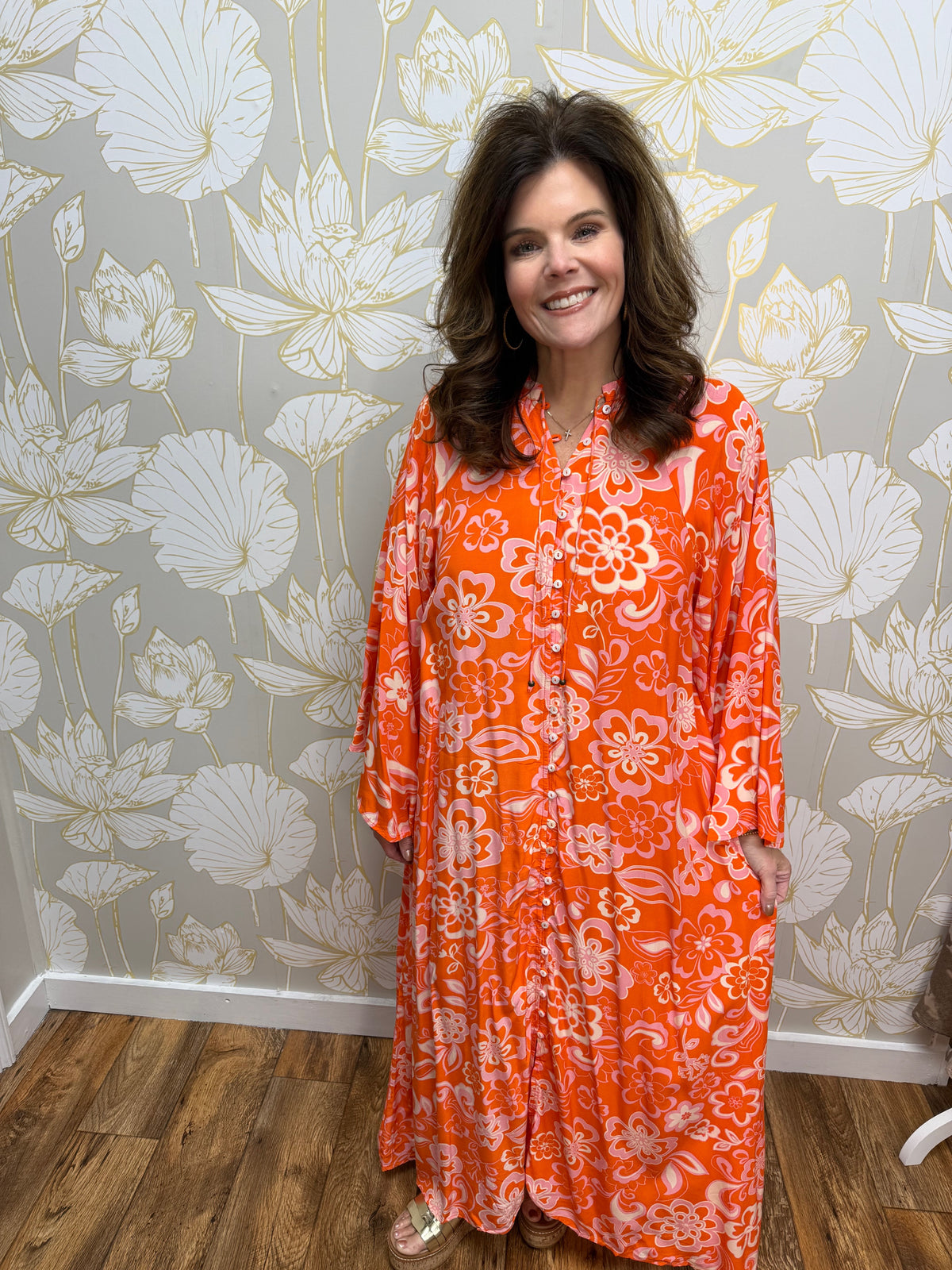 Floral 70's Button Up Caftan Maxi Dress| KARLIE