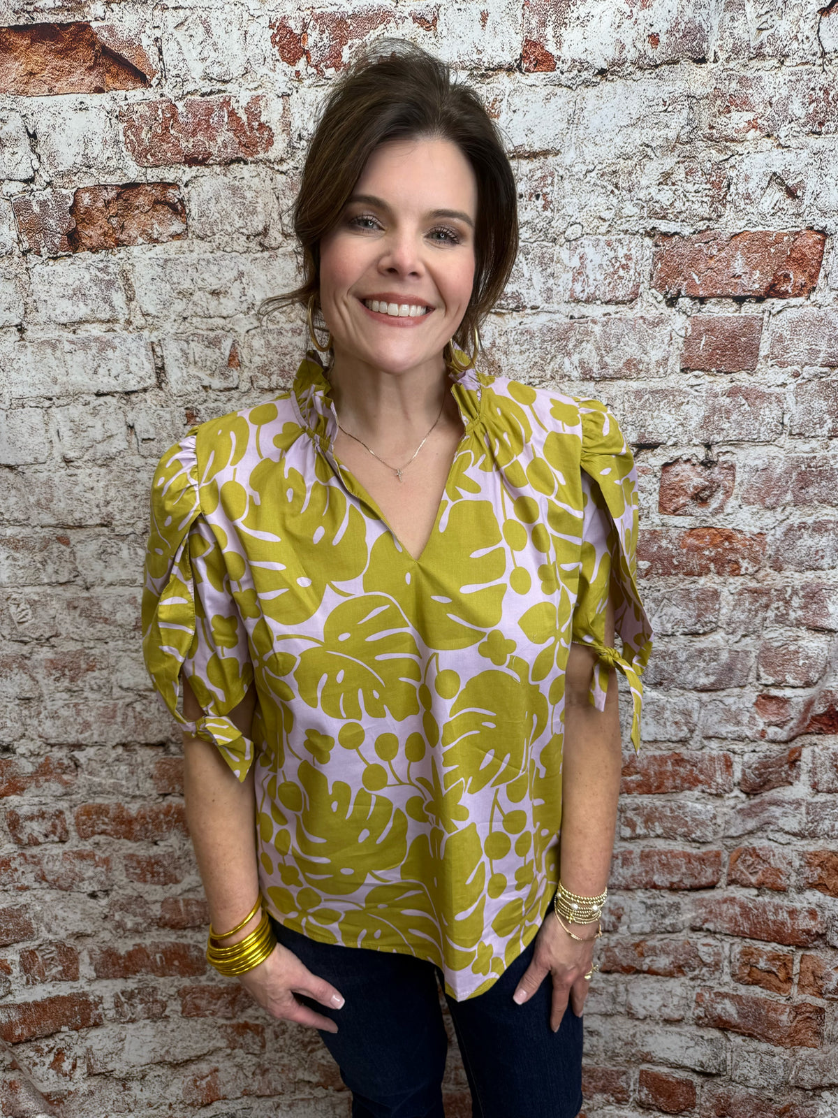 Mustard Puff Sleeve Print Top