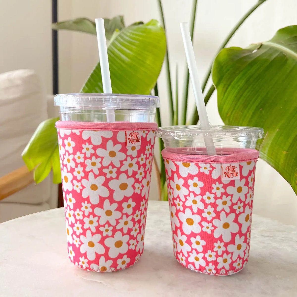 Coffee Cup Cover - Pink Daisy - Iced Drink Sleeve- Small