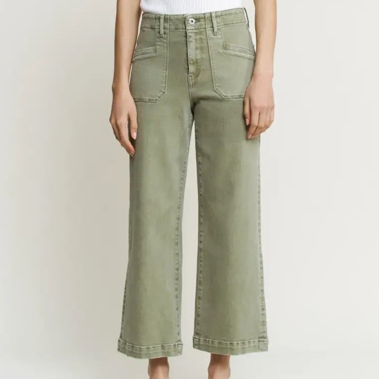 Super High Wide Cropped Utility in Faded Green