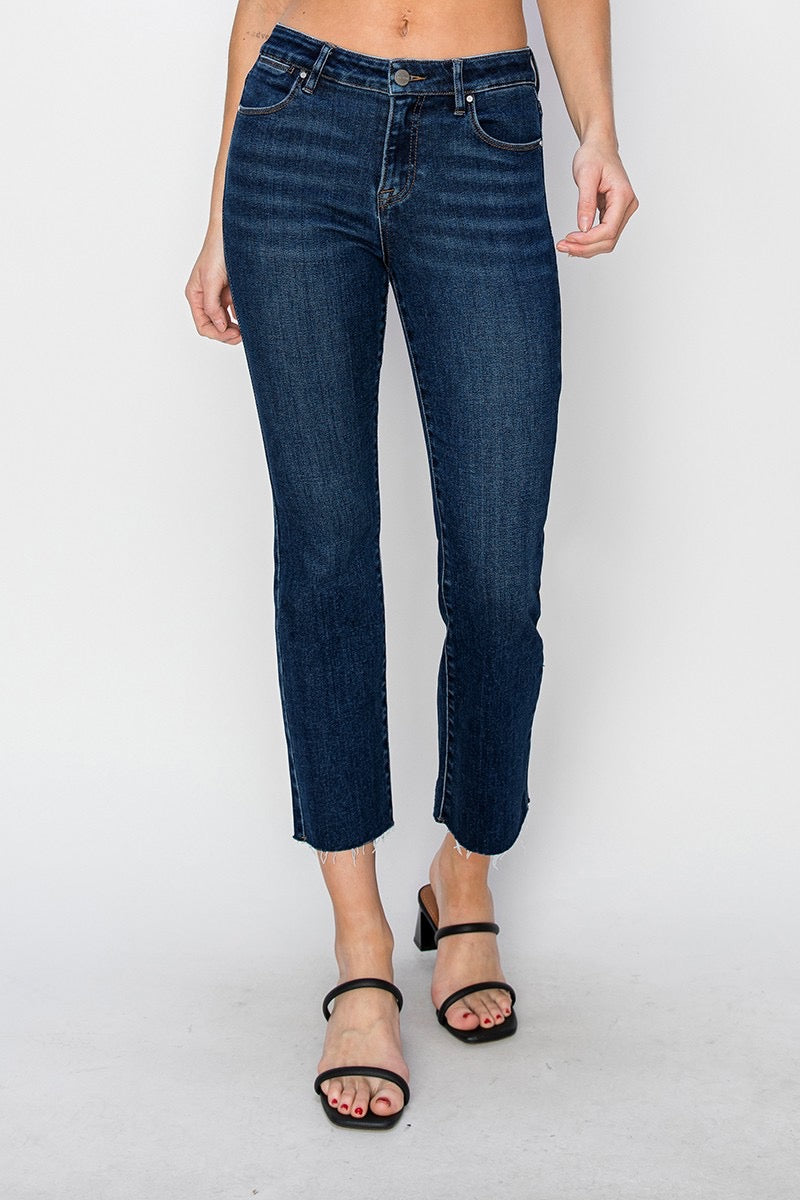 Mid Rise Raw Edge Hem Straight Jeans