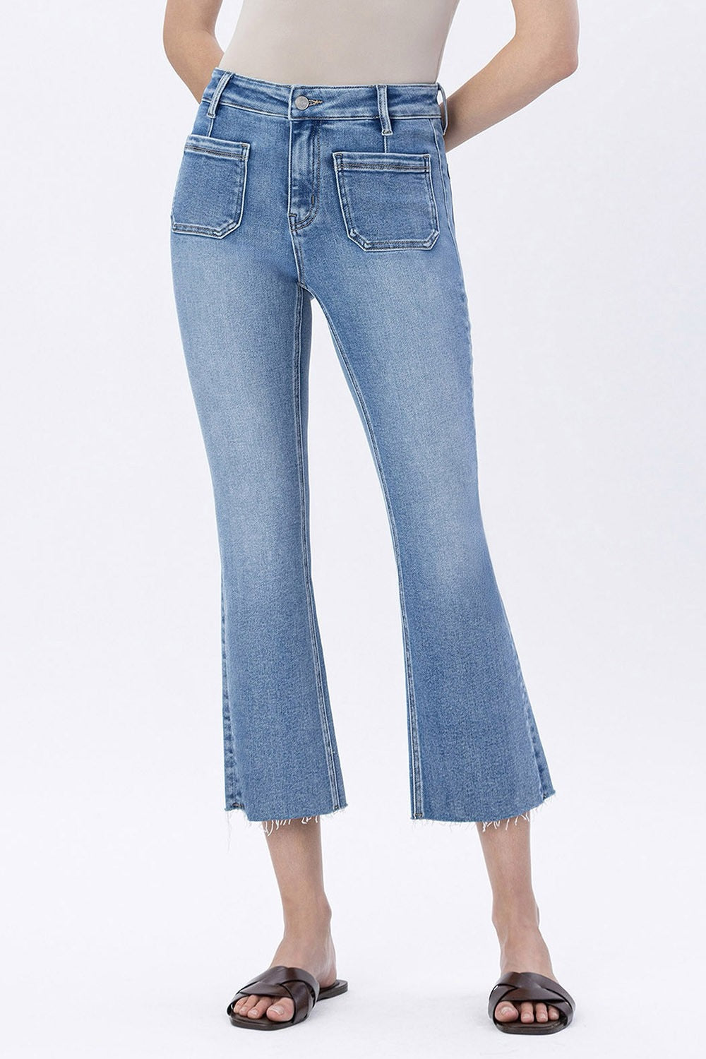High Rise Patch Pocket Kick Flare Jeans