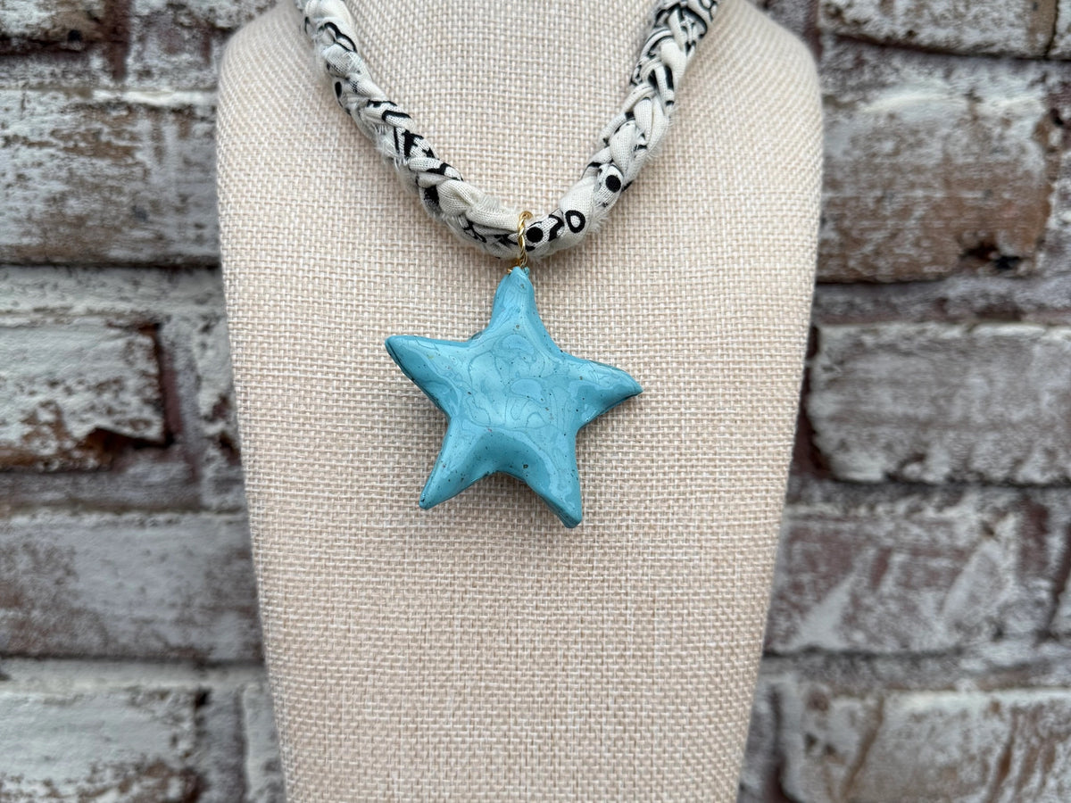 Chunky Cream  Bandana with Turquoise Star Necklace