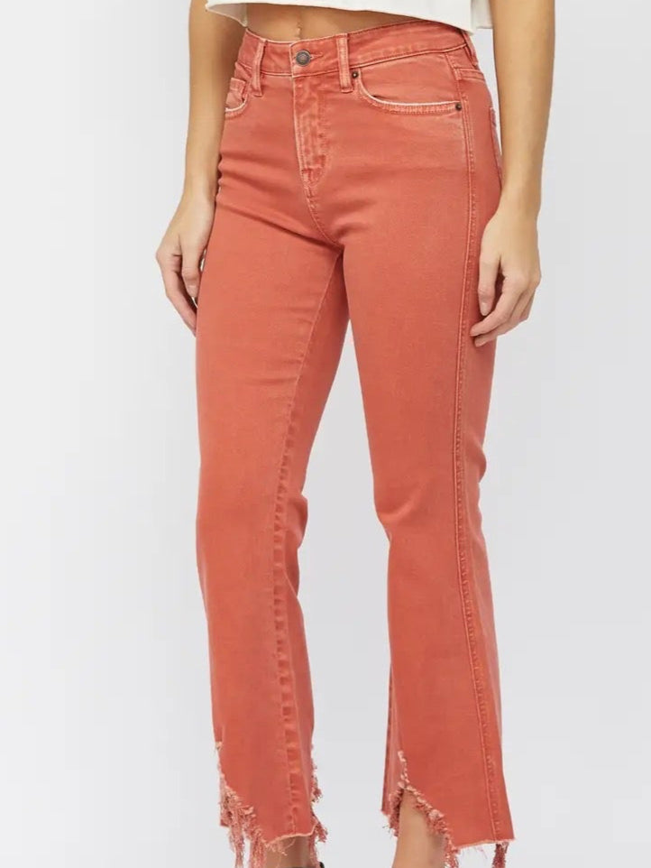 High Rise Crop Flare with Uneven Hem in Bright Penny