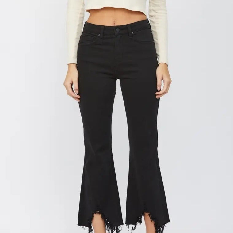High Rise Crop Flare with Uneven Hem in Black