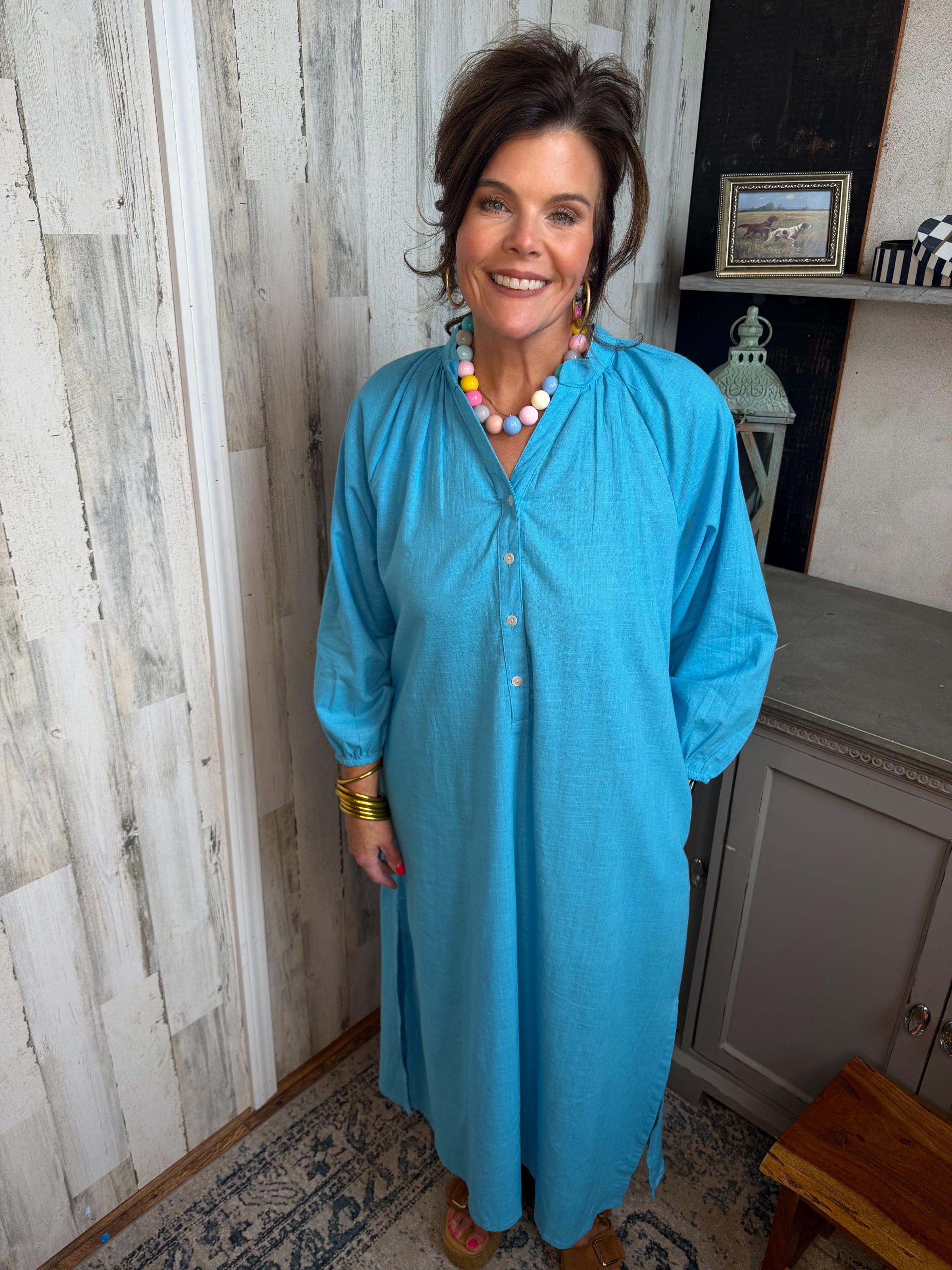 The Linen Aqua Maxi Dress