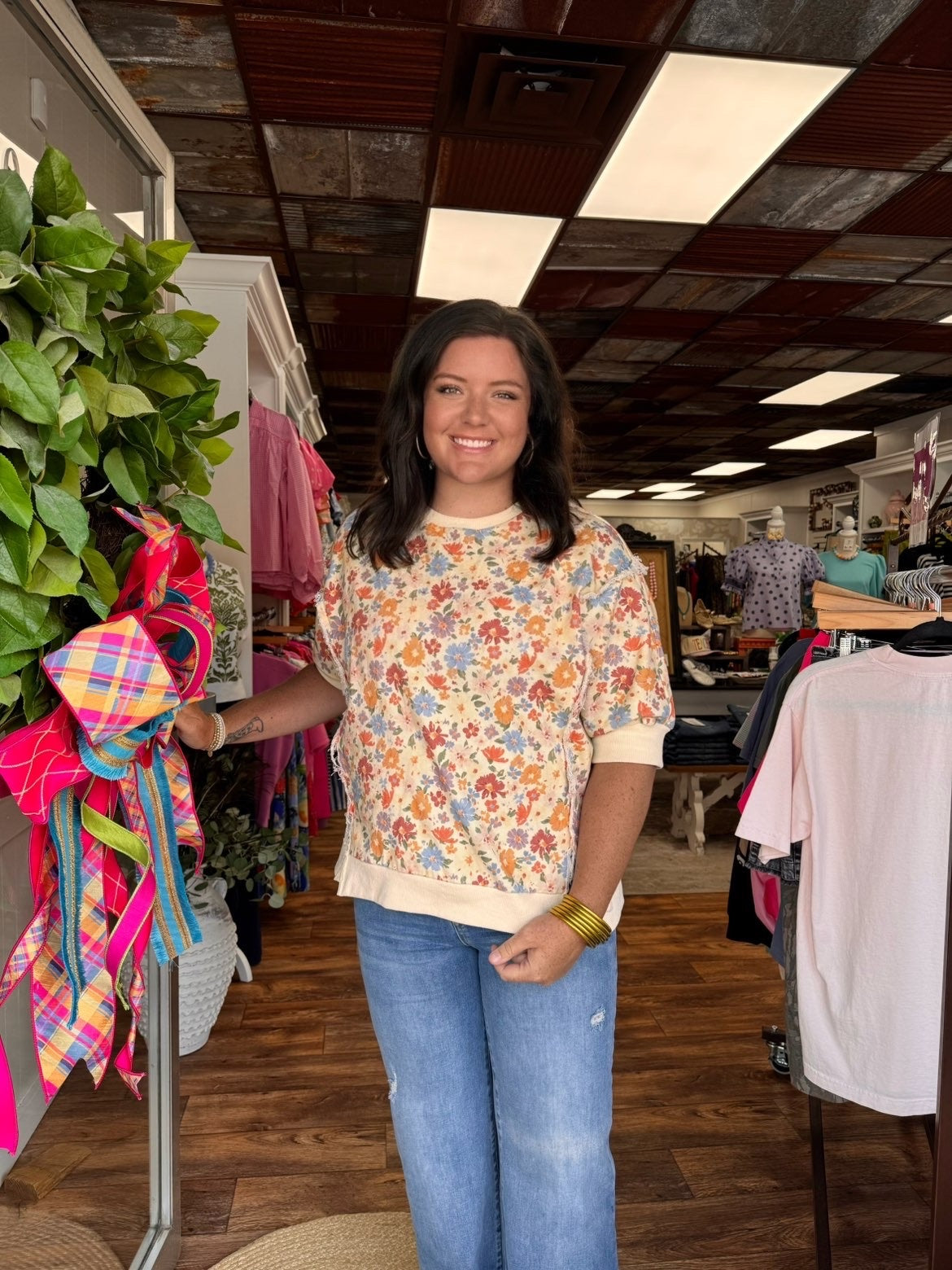 Cream Floral Oversized Top