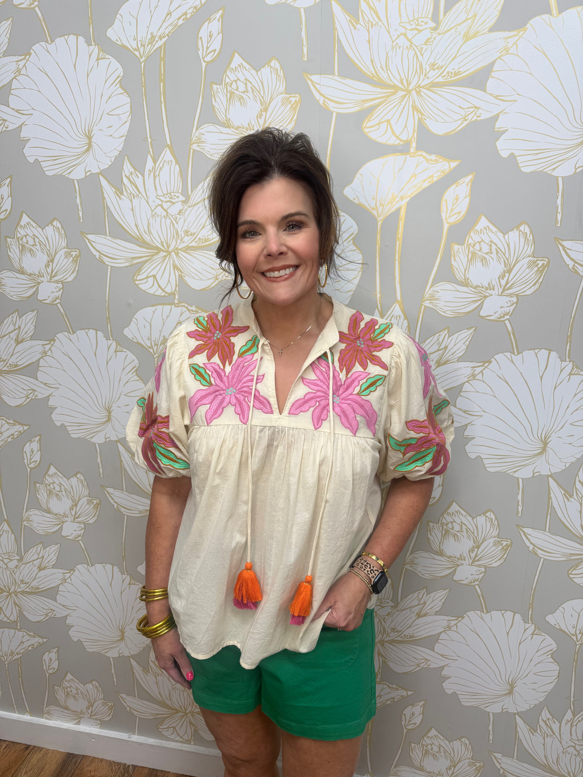 Cream Floral Tassel Tie Top