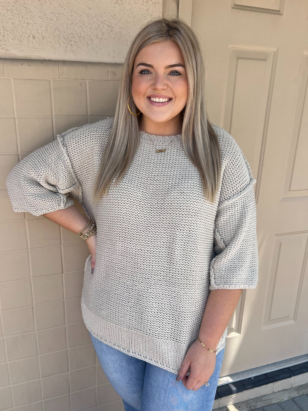 Dolman Sleeve Knitted Plus Sweater in Oatmeal