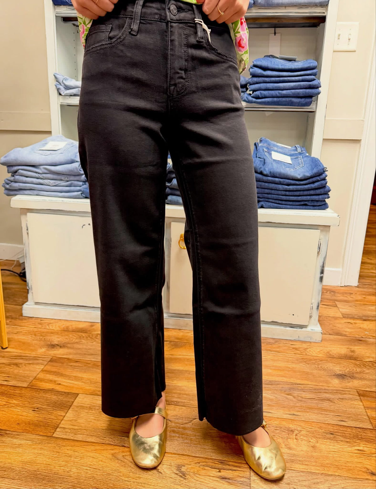 High Rise Raw Hem Crop Jet Black Wide Leg Jeans