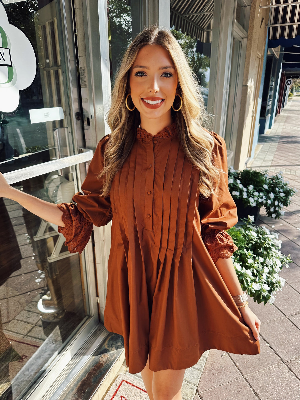 The Abby Pleat Mini Dress in Dark Caramel