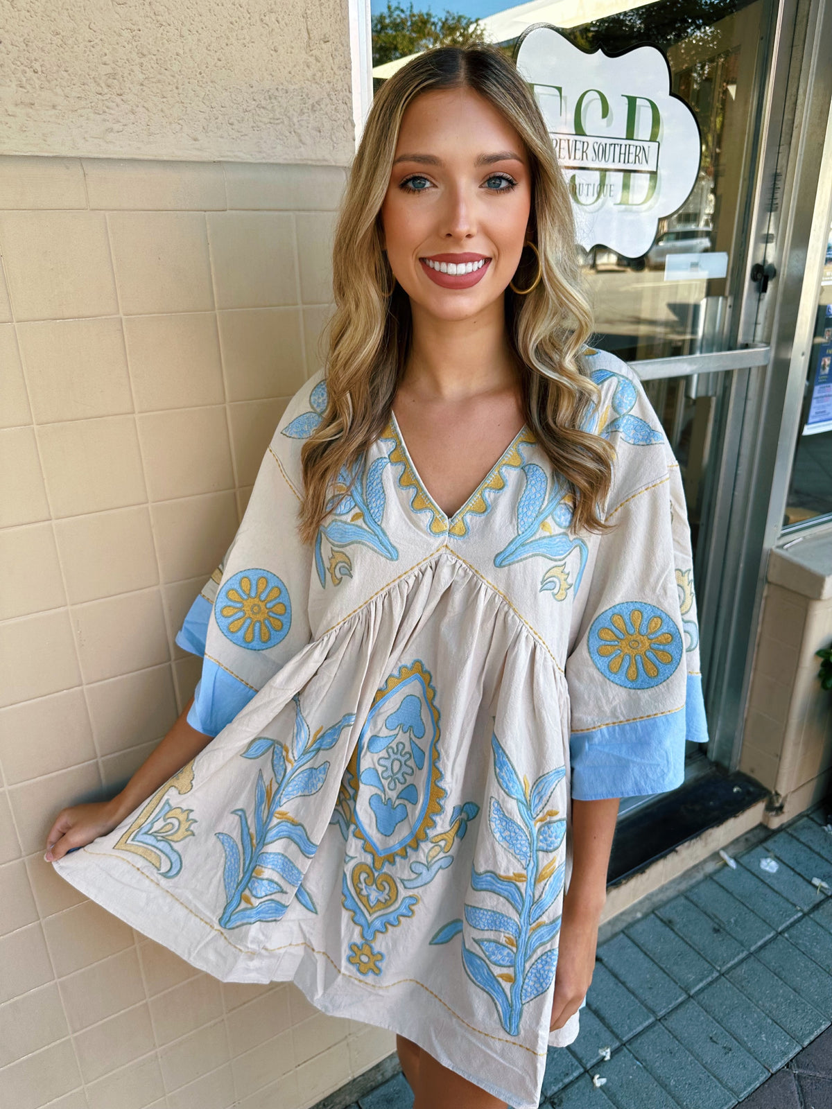 The Boho Mini Dress in Taupe/Baby Blue