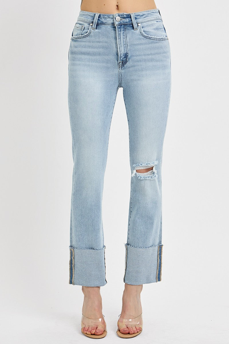 High Rise Ankle Straight Wide Cuffed Jeans