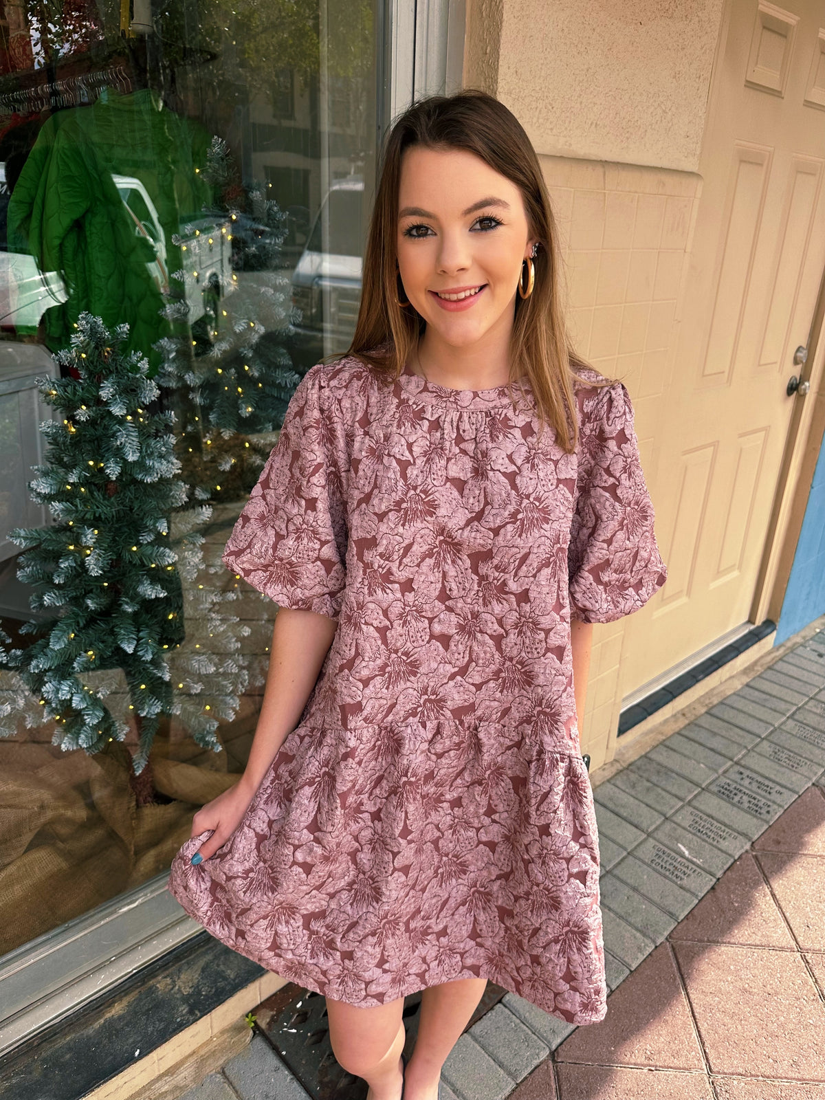 Floral Textured Puff Sleeve Mini Dress