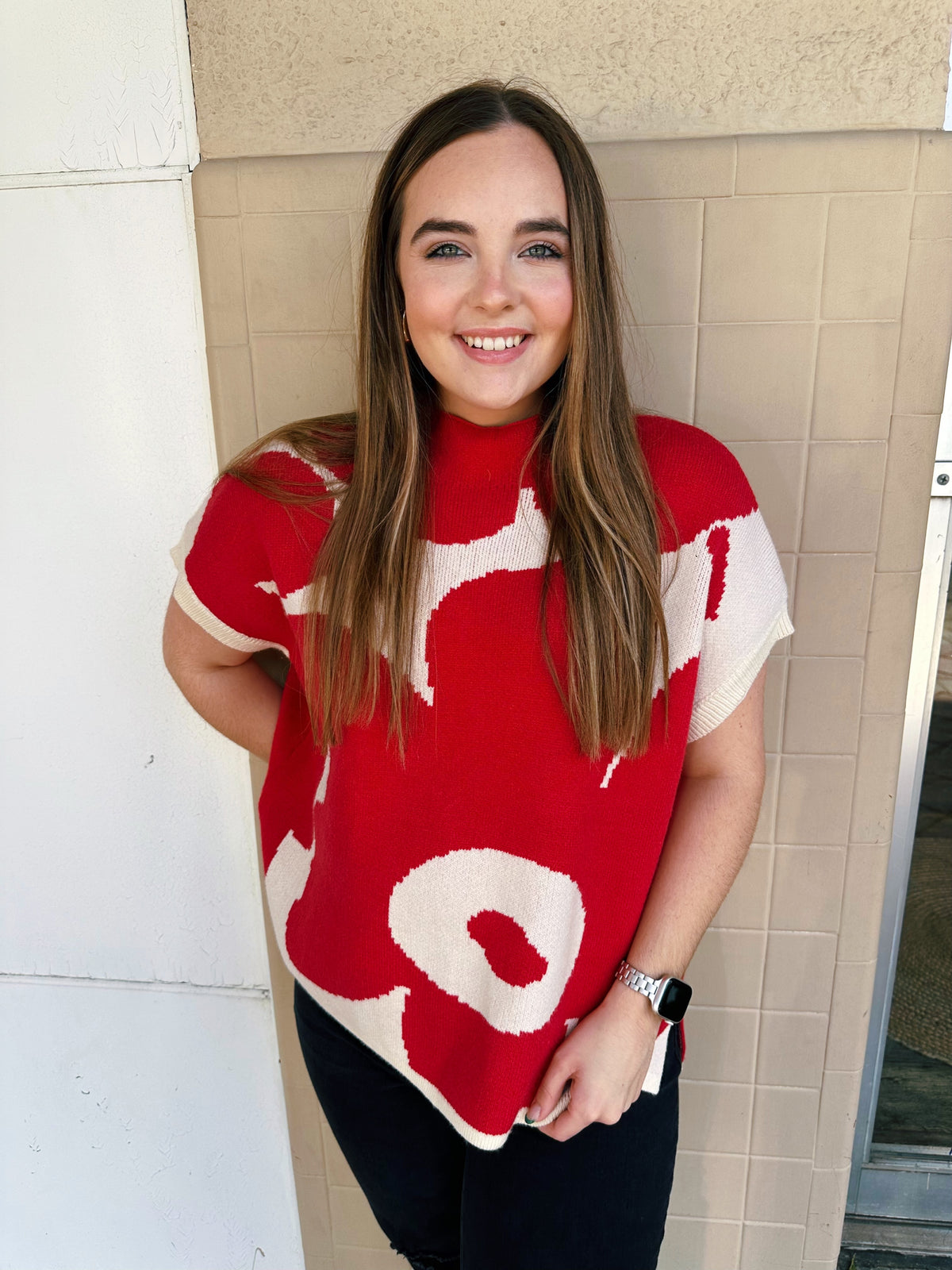 Red and Cream Floral  Knit Top