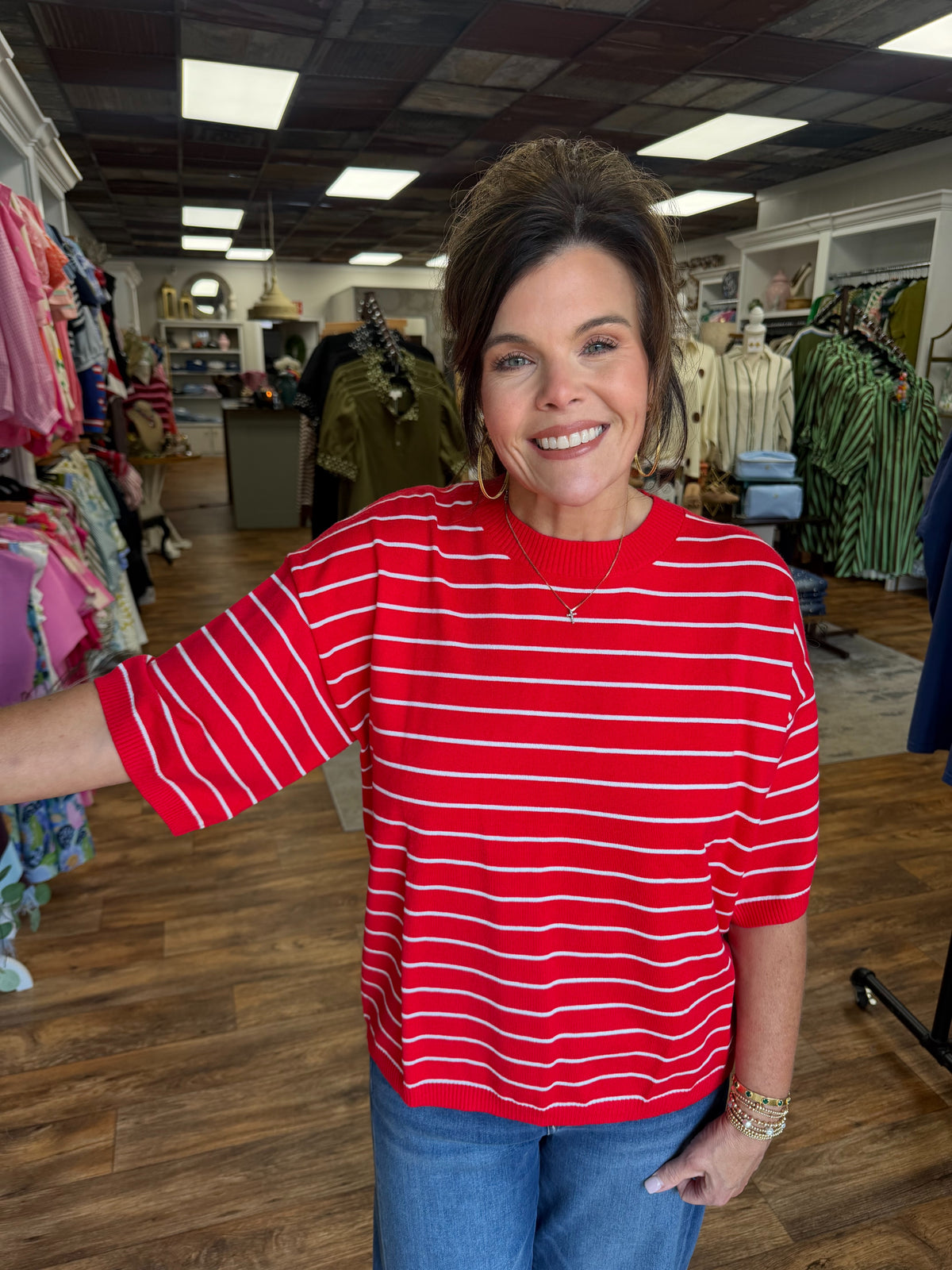 Red and White Stripe Sweater Top