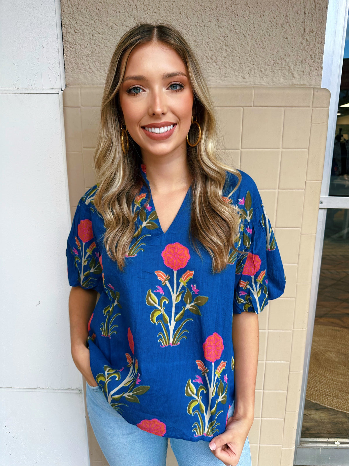 Royal Blue Puff Sleeve Floral Top