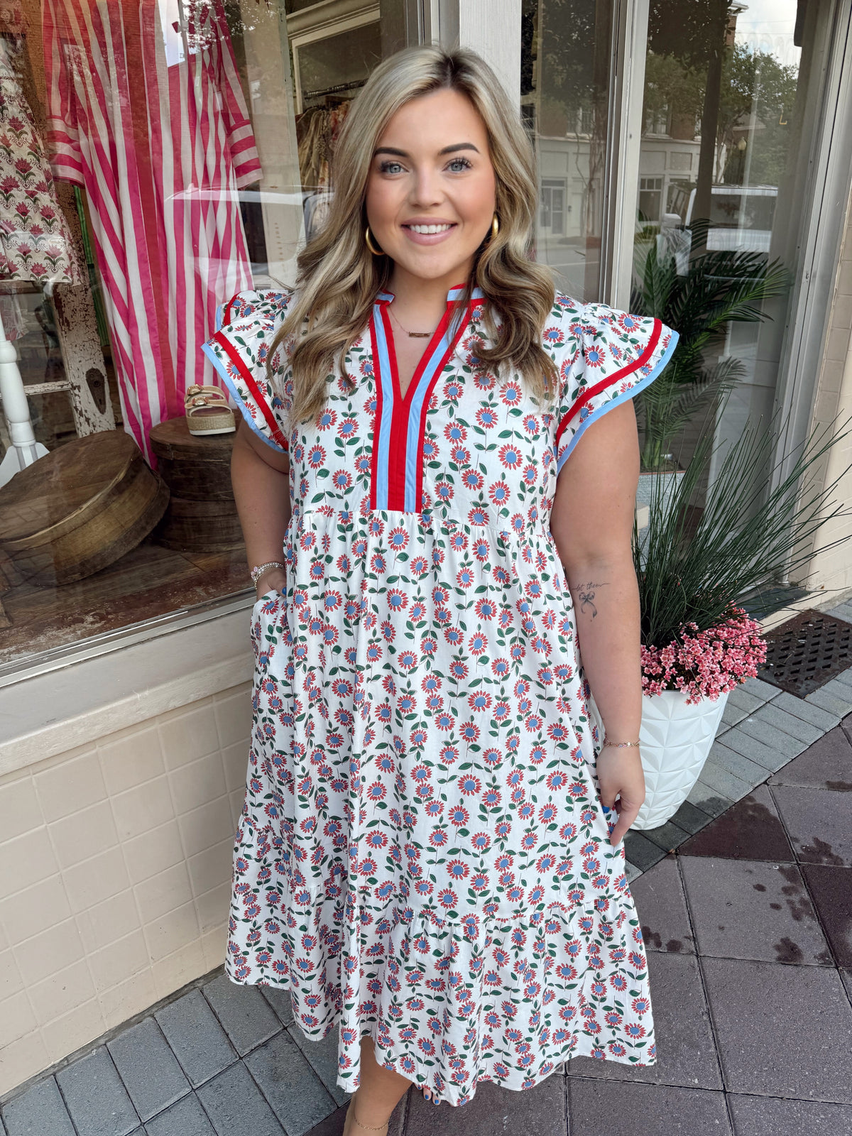 Red Floral Midi Dress