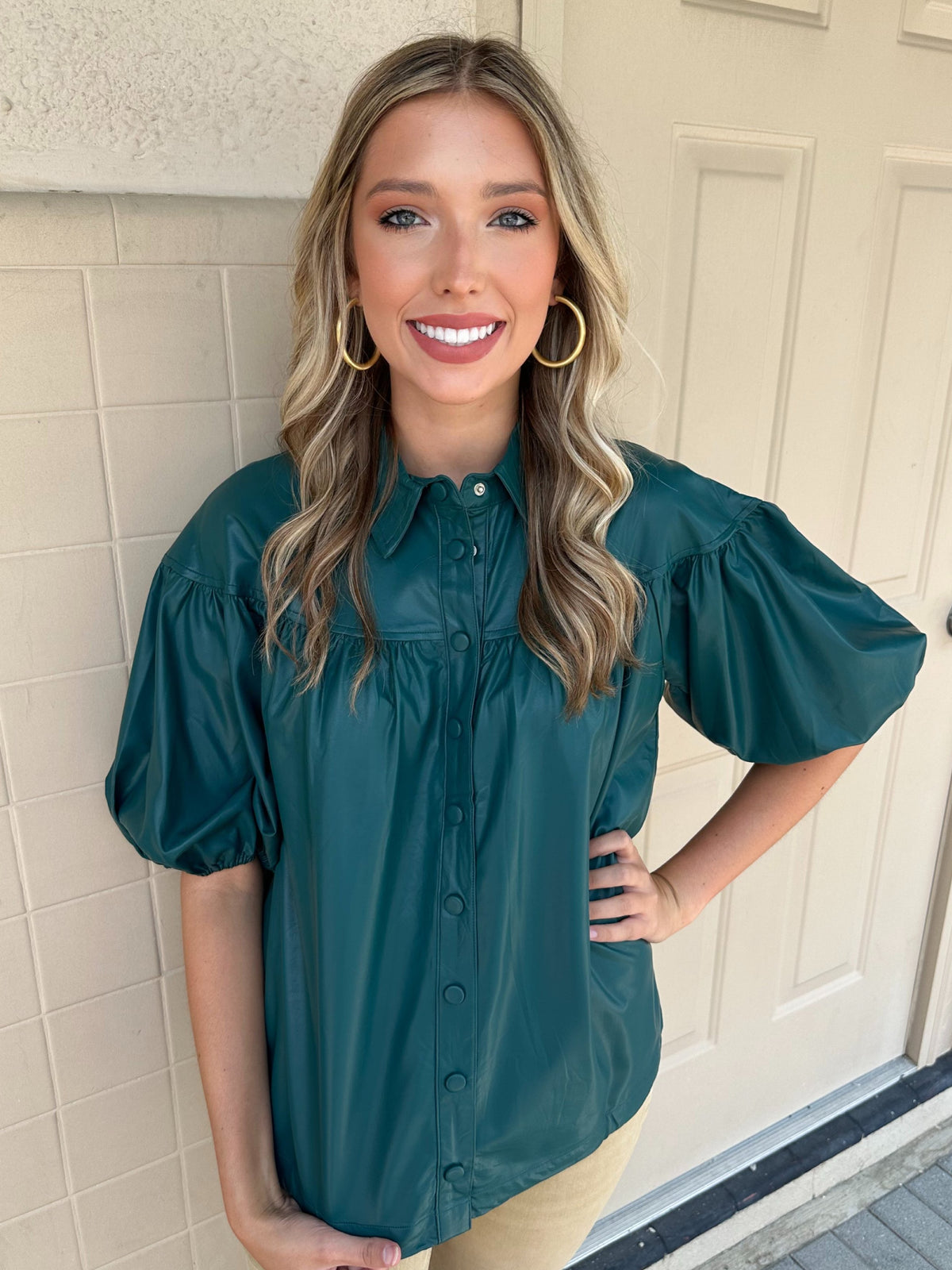 Leather Puff Sleeve Top in Teal Blue