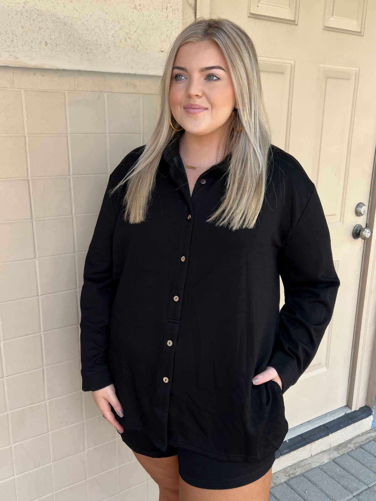 Solid Black Long Sleeve Button Up Romper