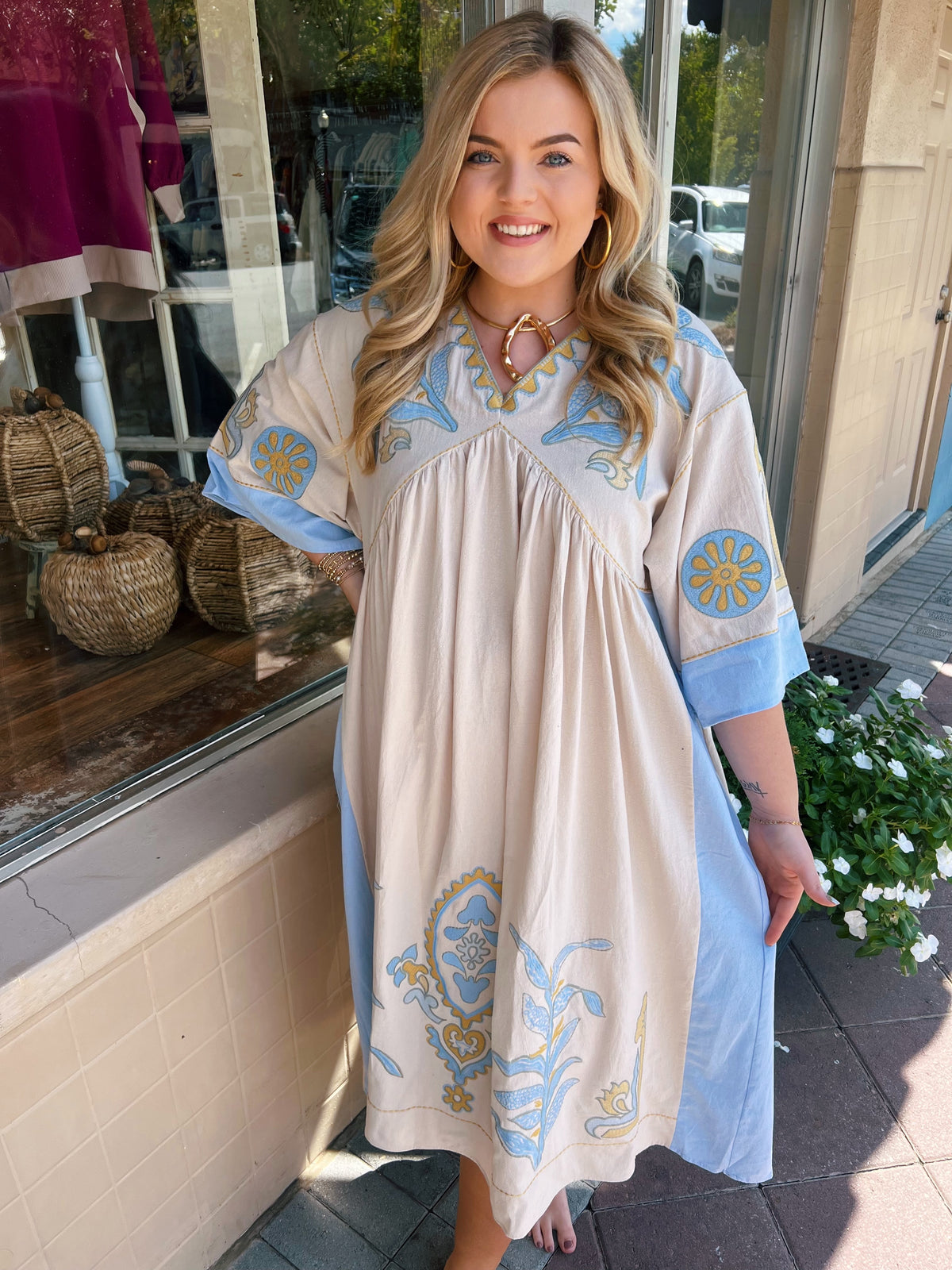 Boho Midi Dress in Taupe/Baby Blue