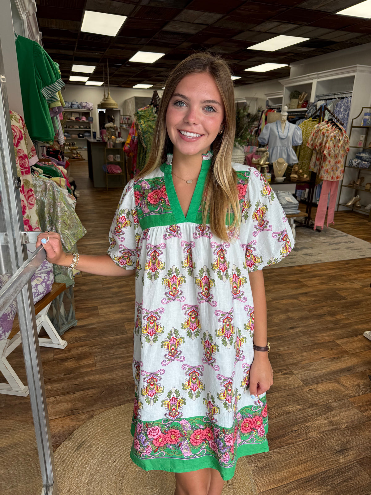 Ruffle Neck Puff Sleeve Print Mini  Dress