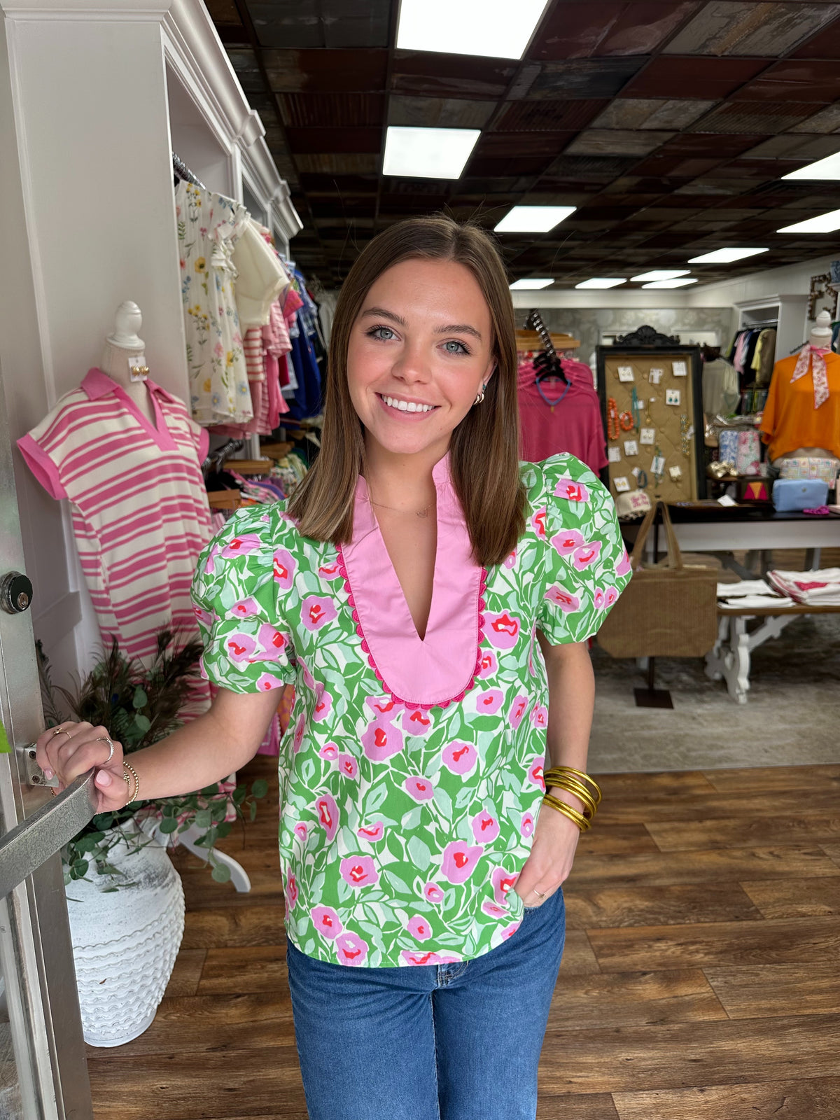 Pink and Green Floral Blouse