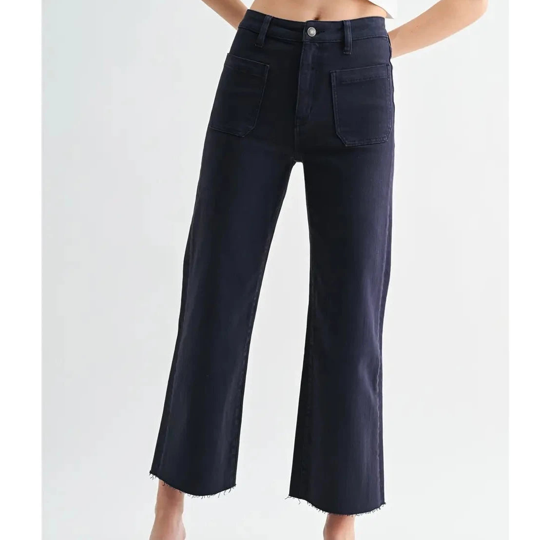 High Rise Wide Leg Crop Raw Hem in Navy