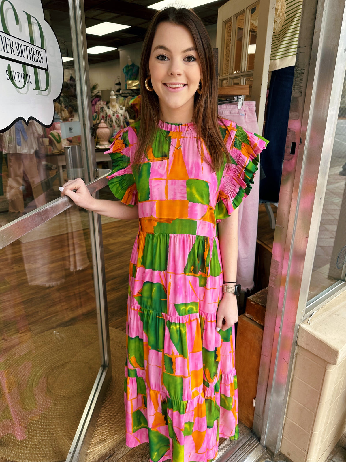 Pink and Green Midi Dress