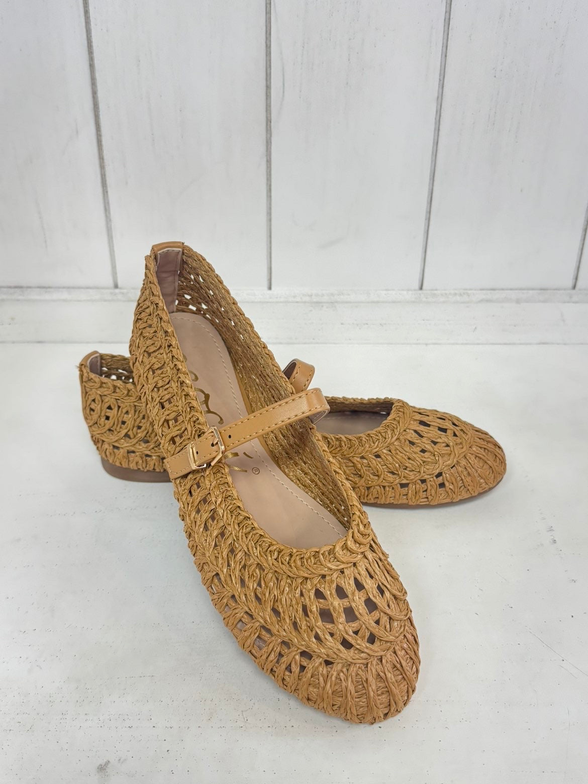 Susan Woven Designed Mary Jane Flat in Camel