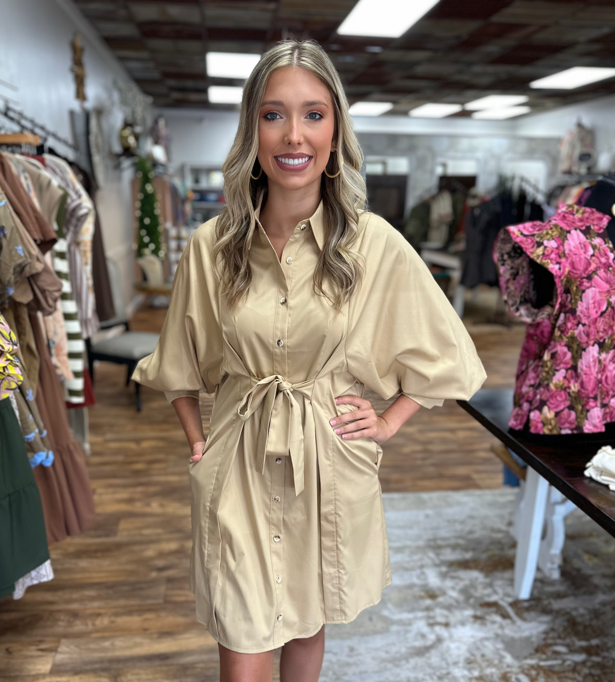 Mini Button Down Tie Dress in Tan