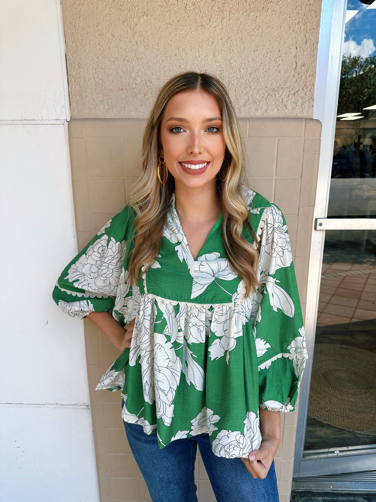 Green and Cream Floral Blouse