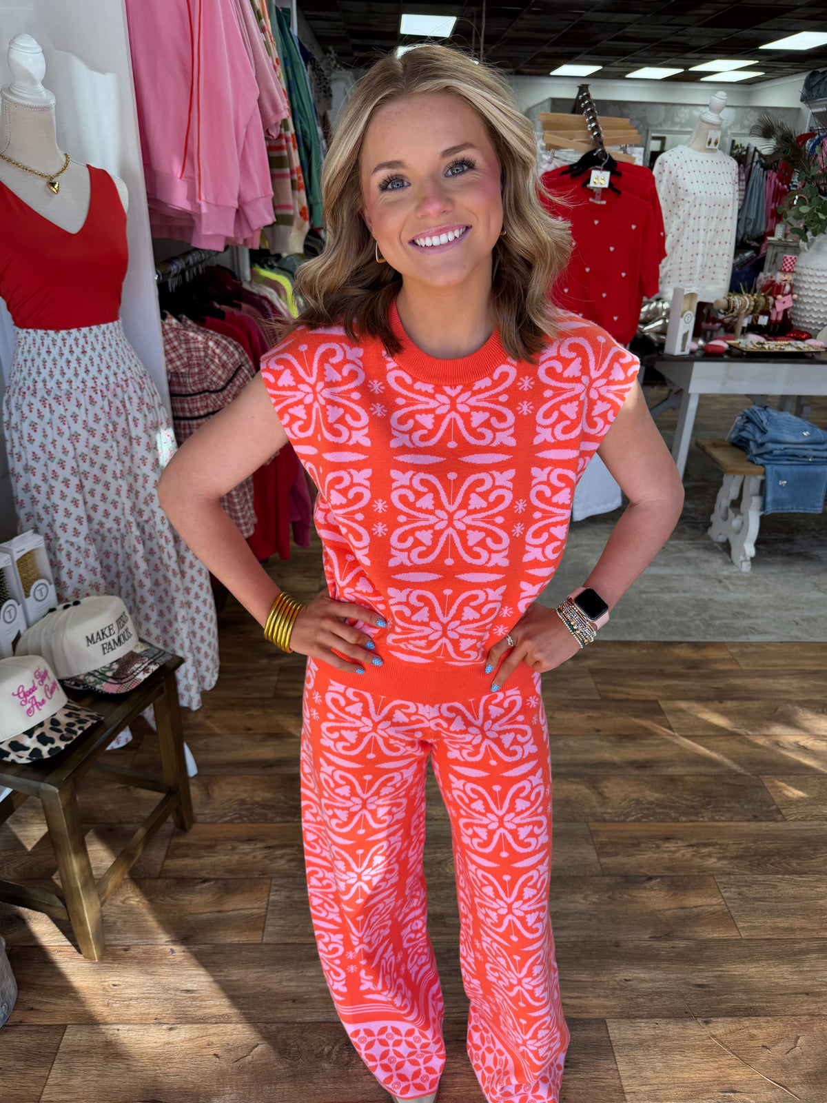 Pink and Orange Floral Knit Set