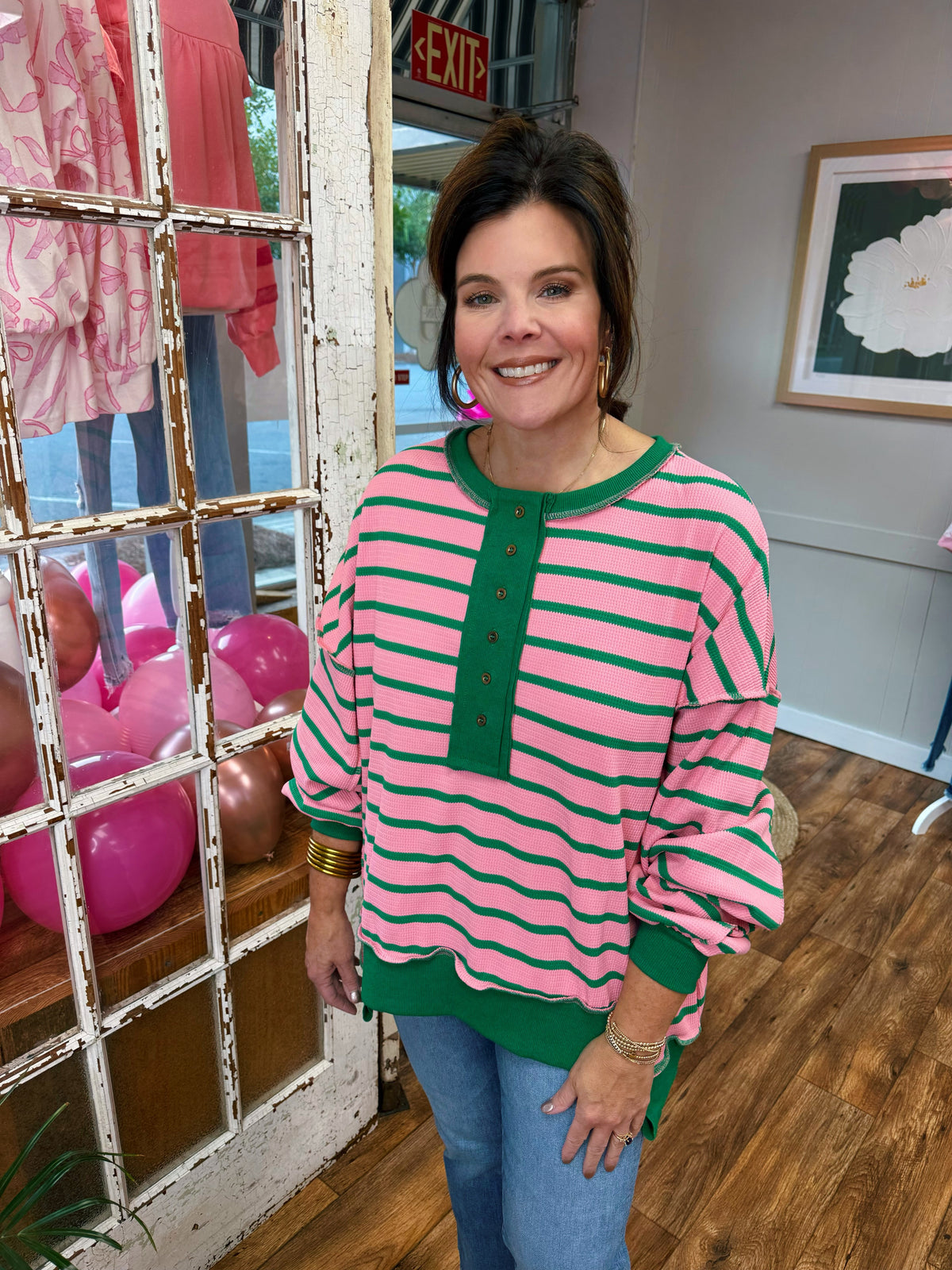 Pink and Green Striped Sweatshirt