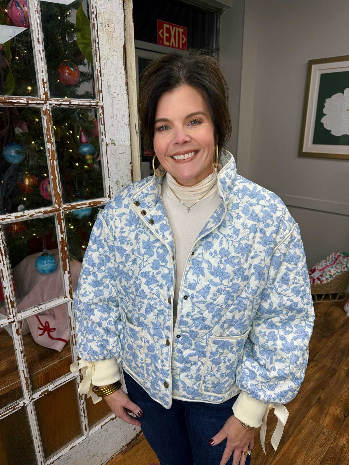 Blue and White Floral Quilted Jacket