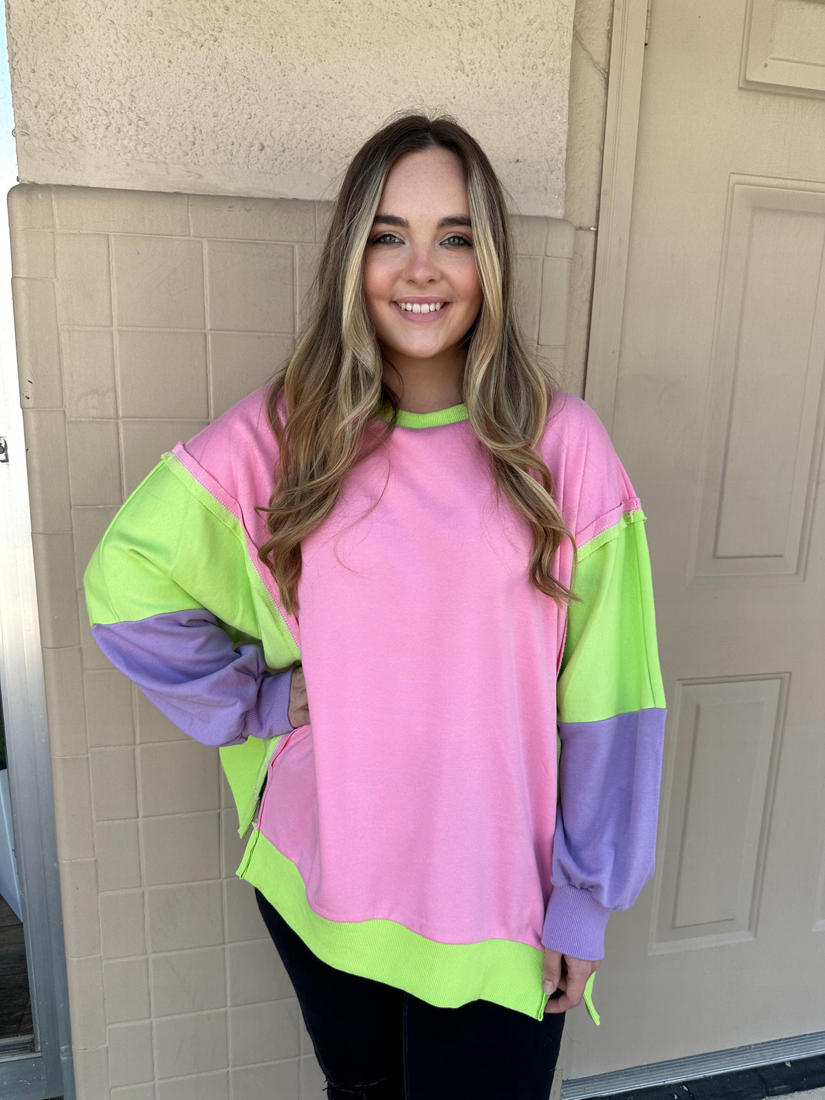 Pink Color Block Sweatshirt