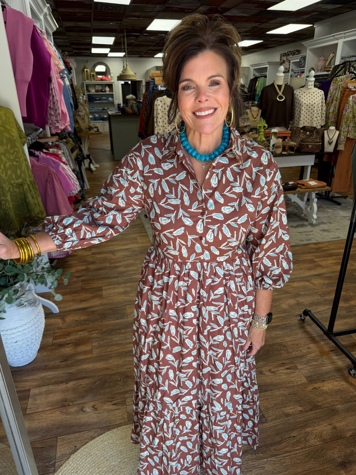 Brown Floral Midi Dress