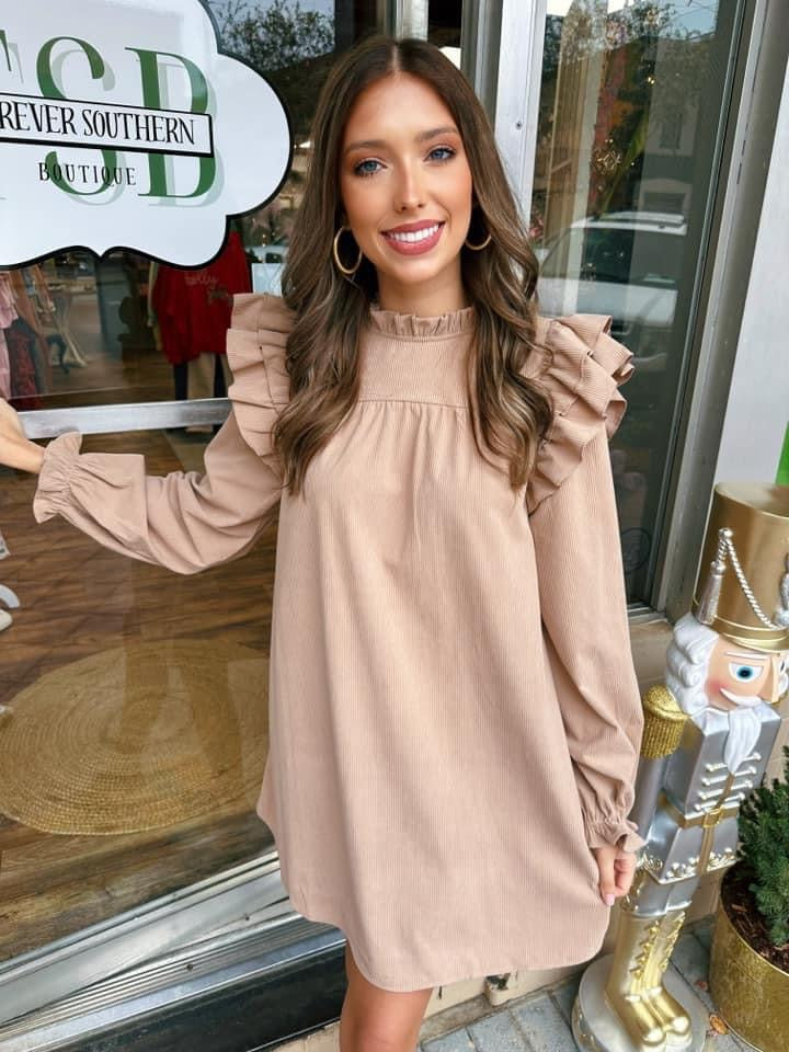 Corduroy Ruffle Sleeve Mini Dress