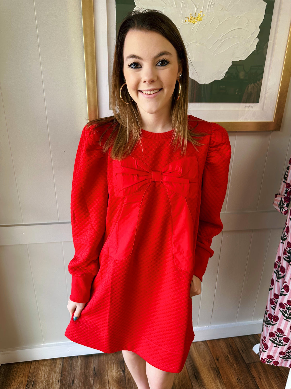 Red Textured Bow Mini Dress