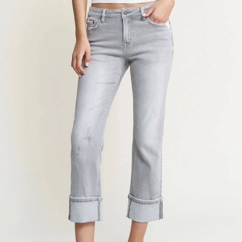 Mid Rise Cuffed Straight Leg Jeans in Vintage Grey