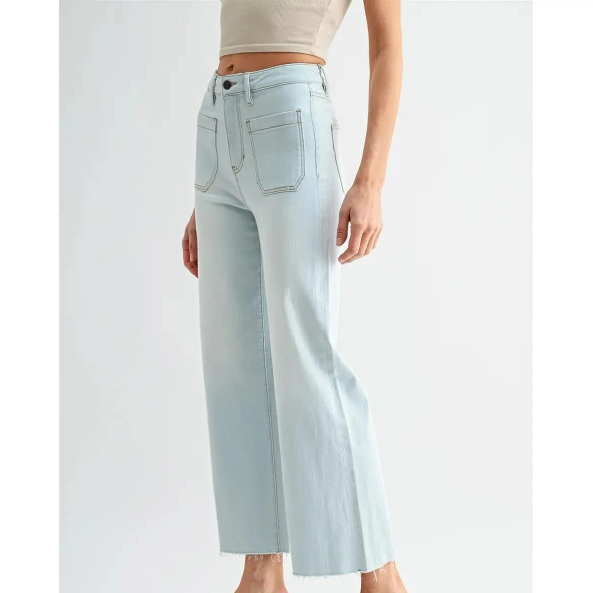 High Rise Wide Leg Crop Raw Hem in Blizzard Blue