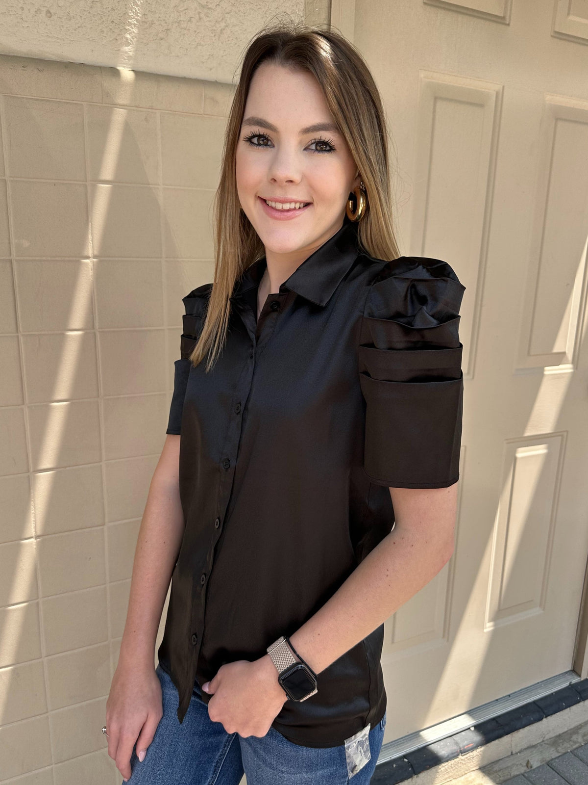 Solid Silk Short Sleeve Button Down in Black