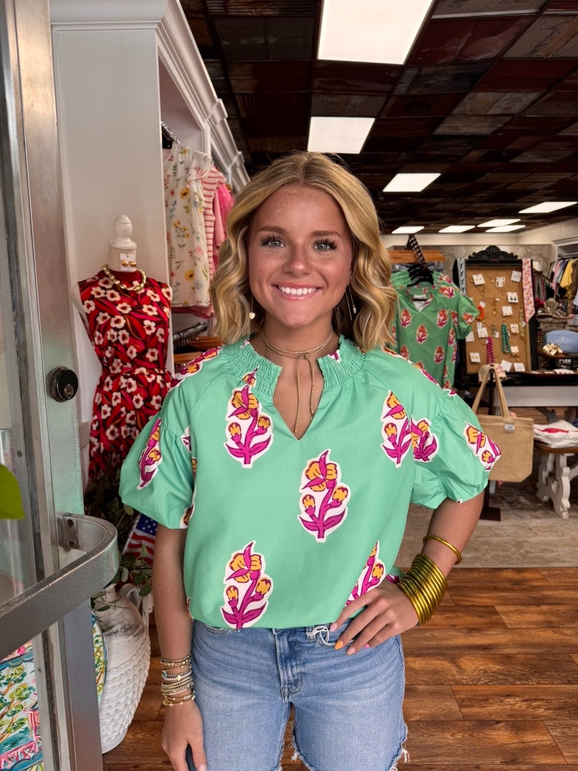 Green Floral Puff Sleeve Top