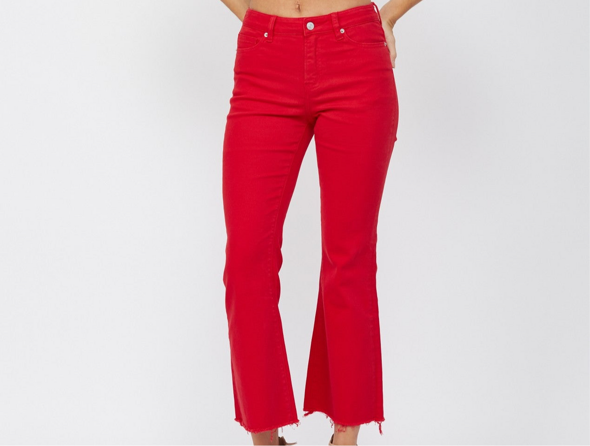 High Rise Ankle Crop Flare in Red