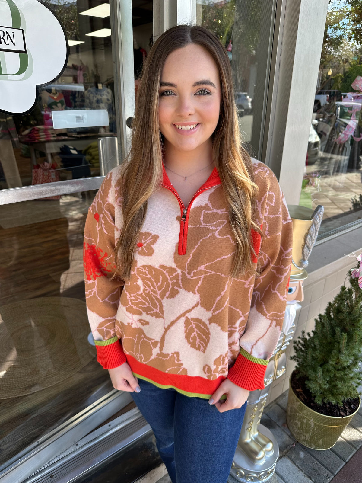 Orange Taupe Floral Half Zip Pullover