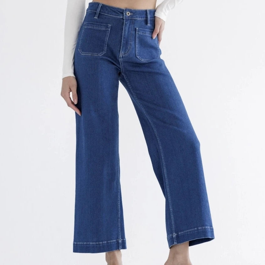 High Rise Patch Pocket Wide Jean in Dark