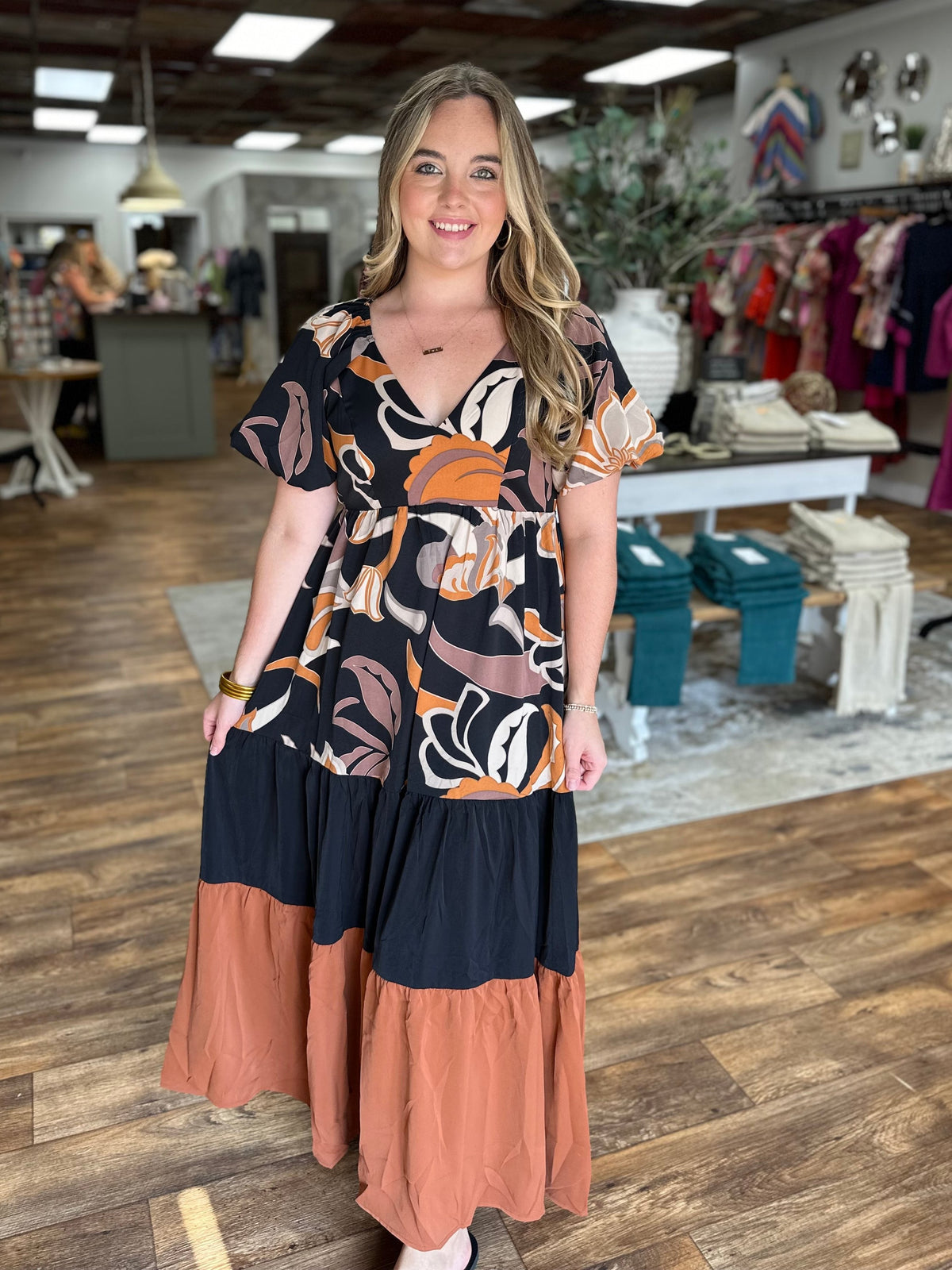 Black and Orange Mix Print Dress