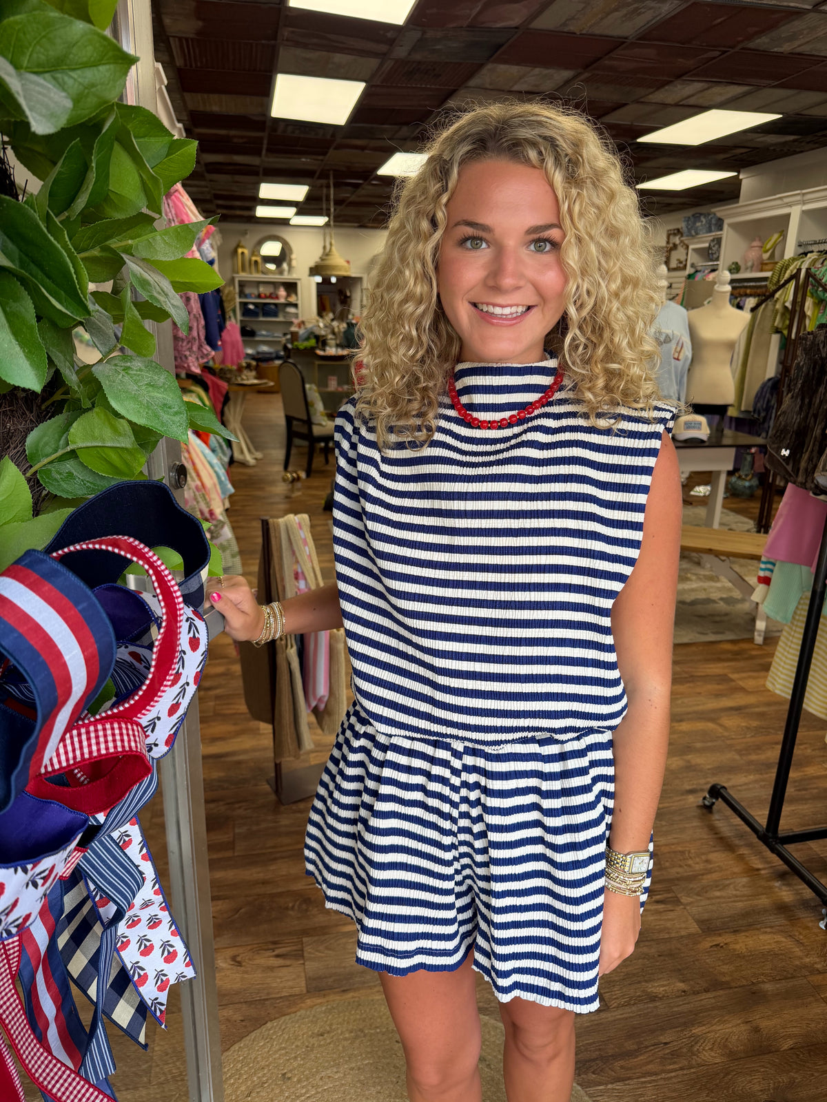 Navy and White Striped Shorts Set